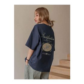 Trendseninle Fructification Baskılı Lacivert Oversize Kadın T-shirt