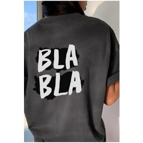 Trendseninle Füme Bla Bla Baskılı Füme Oversize Kadın T-shirt