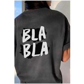 Trendseninle Füme Bla Bla Baskılı Füme Oversize Kadın T-shirt