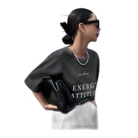 Trendseninle Füme Energy Attitude Baskılı Füme Oversize Kadın T-shirt