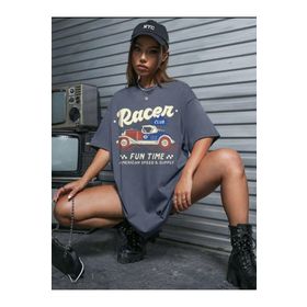 Trendseninle Füme Racer Antrasit Bisiklet Yaka Oversize Kadın T-shirt