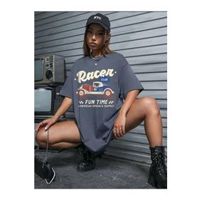 Trendseninle Füme Racer Antrasit Bisiklet Yaka Oversize Kadın T-shirt