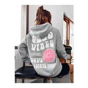 Trendseninle Good Vibes 1997 Baskılı Gri Kapüşonlu Kadın Sweatshirt