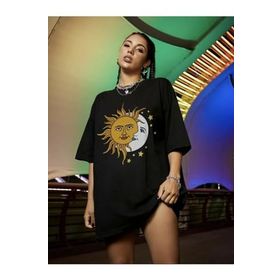 Trendseninle Güneş ve Ay Baskılı Siyah Kadın T-shirt