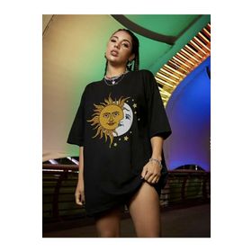 Trendseninle Güneş ve Ay Baskılı Siyah Kadın T-shirt