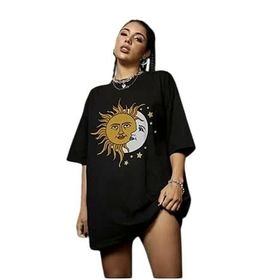 Trendseninle Güneş ve Ay Baskılı Siyah Kadın T-shirt
