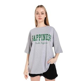 Trendseninle Happıness Baskılı Gri Oversize Kadın T-shirt