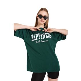 Trendseninle Happıness Baskılı Haki Oversize Kadın T-shirt