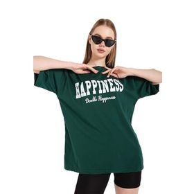 Trendseninle Happıness Baskılı Haki Oversize Kadın T-shirt