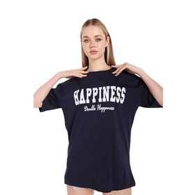 Trendseninle Happıness Baskılı Koyu Lacivert Oversize Kadın T-shirt
