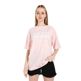 Trendseninle Happıness Baskılı Pembe Oversize Kadın T-shirt