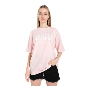 Trendseninle Happıness Baskılı Pudra Pembe Oversize Kadın T-shirt