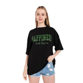 Trendseninle Happıness Baskılı Siyah Oversize Kadın T-shirt