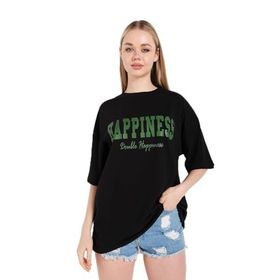 Trendseninle Happıness Baskılı Siyah Oversize Kadın T-shirt