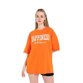 Trendseninle Happıness Baskılı Turuncu Oversize Kadın T-shirt