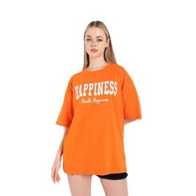 Trendseninle Happıness Baskılı Turuncu Oversize Kadın T-shirt