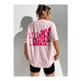 Trendseninle Happy Crowt Baskılı Pudra Pembe Oversize Kadın T-shirt