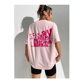 Trendseninle Happy Crowt Baskılı Pudra Pembe Oversize Kadın T-shirt