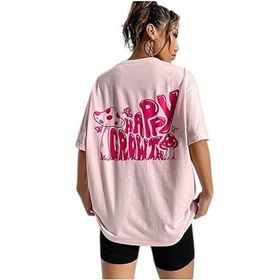Trendseninle Happy Crowt Baskılı Pudra Pembe Oversize Kadın T-shirt
