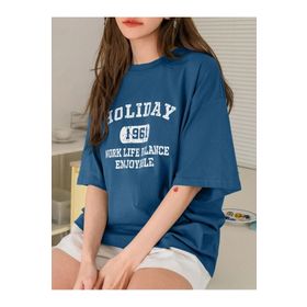 Trendseninle Holiday 1961 Baskılı Turkuaz Mavi Oversize Kadın T-shirt