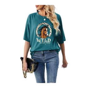 Trendseninle Horse Baskılı Petrol Mavi Oversize Kadın T-shirt