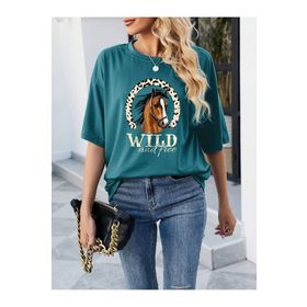 Trendseninle Horse Baskılı Petrol Mavi Oversize Kadın T-shirt