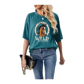 Trendseninle Horse Baskılı Petrol Mavi Oversize Kadın T-shirt