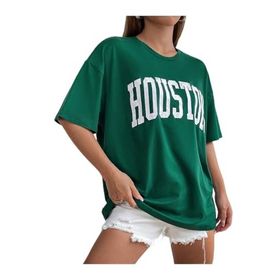 Trendseninle Houston Baskılı Nefti Yeşili Oversize Kadın T-shirt