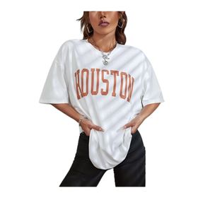 Trendseninle Houston Baskılı Oversize Beyaz Oversize Kadın T-shirt
