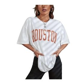 Trendseninle Houston Baskılı Oversize Beyaz Oversize Kadın T-shirt