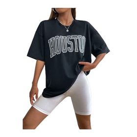 Trendseninle Houston Baskılı Siyah Oversize Kadın T-shirt