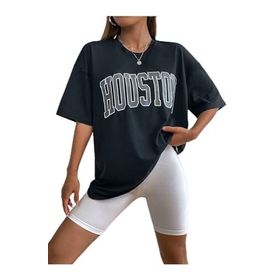 Trendseninle Houston Baskılı Siyah Oversize Kadın T-shirt