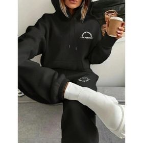Trendseninle I Am Perfect Baskılı Siyah Oversize Alt Üst Kadın Eşofman Takımı