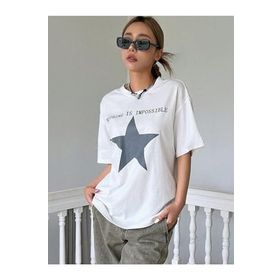 Trendseninle İmpossible Star Baskılı Beyaz Oversize Kadın T-shirt