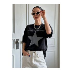 Trendseninle İmpossible Star Baskılı Siyah Oversize Kadın T-shirt