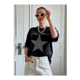 Trendseninle İmpossible Star Baskılı Siyah Oversize Kadın T-shirt