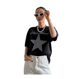Trendseninle İmpossible Star Baskılı Siyah Oversize Kadın T-shirt
