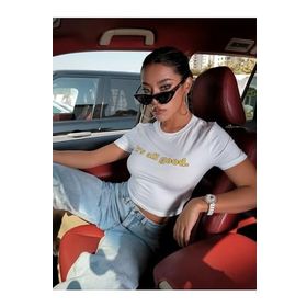 Trendseninle Its All Good Beyaz Baskılı Bisiklet Yaka Crop Oversize Kadın T-shirt