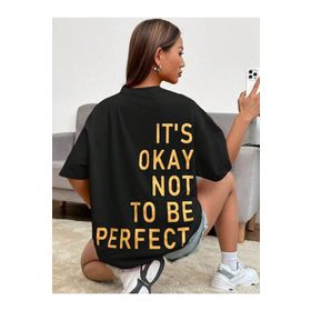 Trendseninle Its Okay Baskılı Siyah Oversize Kadın T-shirt