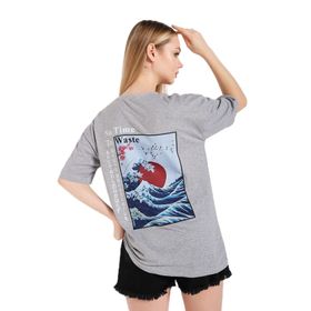 Trendseninle Japanese Sırt Baskılı Gri Oversize Kadın T-shirt