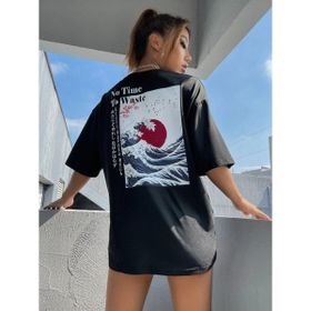 Trendseninle Japanese Sırt Baskılı Siyah Kadın T-shirt