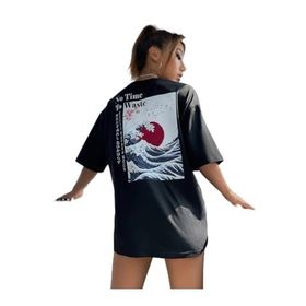 Trendseninle Japanese Sırt Baskılı Siyah Kadın T-shirt