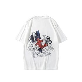 Trendseninle Japon Balığı Sırt Baskılı Mavi Beyaz Oversize Erkek T-shirt