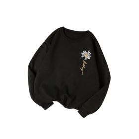 Trendseninle Kadın Papatya Baskılı Siyah Bisiklet Yaka Kadın Sweatshirt