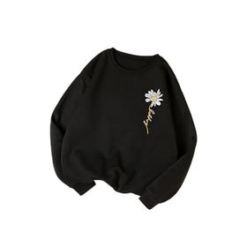 Trendseninle Kadın Papatya Baskılı Siyah Bisiklet Yaka Kadın Sweatshirt