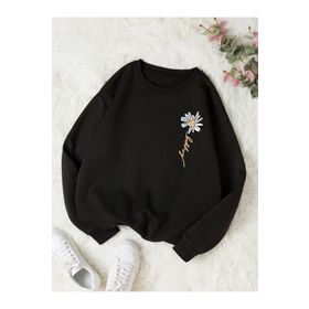 Trendseninle Kadın Papatya Baskılı Siyah Bisiklet Yaka Kadın Sweatshirt