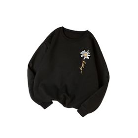 Trendseninle Kadın Papatya Baskılı Siyah Bisiklet Yaka Kadın Sweatshirt