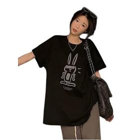Trendseninle Kadın Siyah Tavşan Baskılı Siyah Oversize Kadın T-shirt