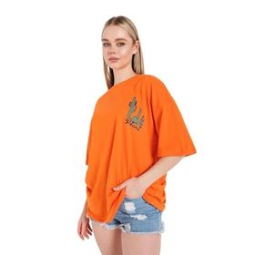 Trendseninle Kaktüs Baskılı Turuncu Oversize Kadın T-shirt