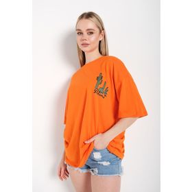 Trendseninle Kaktüs Baskılı Turuncu Oversize Kadın T-shirt